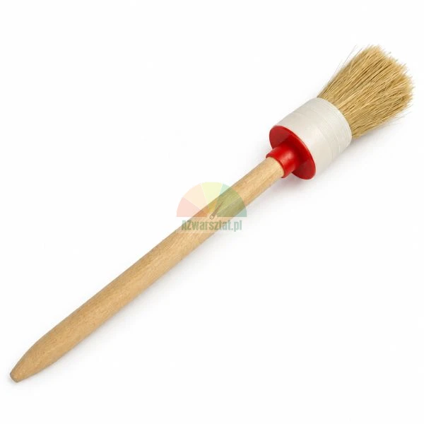 Round paintbrush with natural bristles and long wooden handle on white background