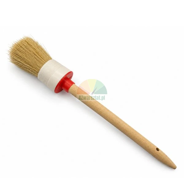 Round detailing paint brush with natural bristles and long wooden handle on a white background