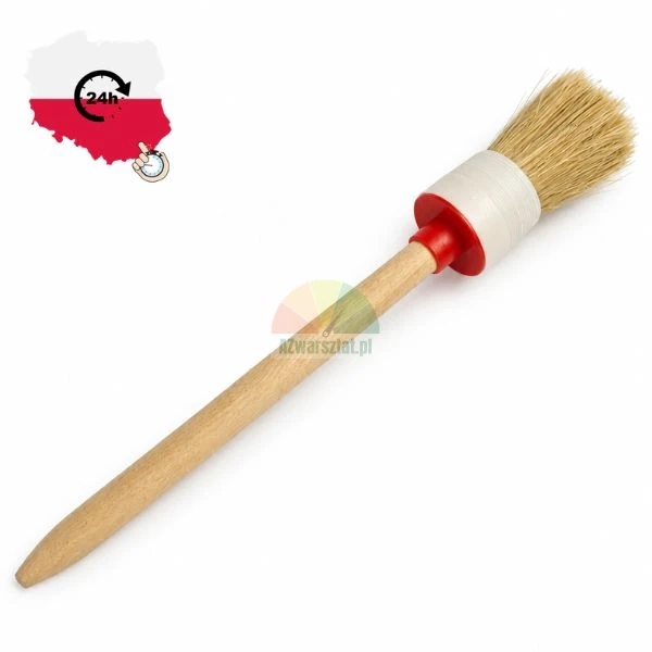 Round paint brush with a long wooden handle and light natural bristles on a white background.