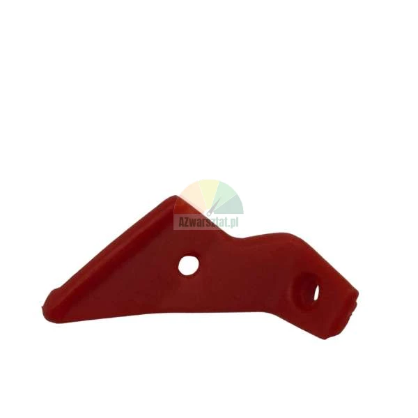 Red plastic chain guide bumper component for chainsaw on white background.
