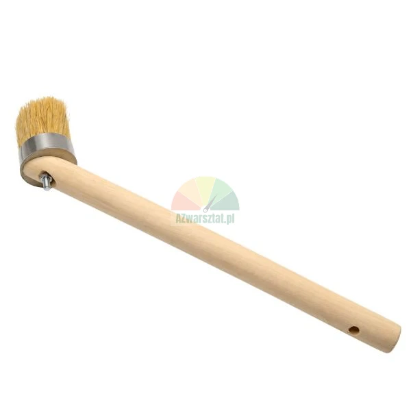Angled tyre mounting paste brush with a long wooden handle and dense bristles