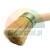Round paint brush with natural light bristles, metal ferrule, and wooden handle on a white background