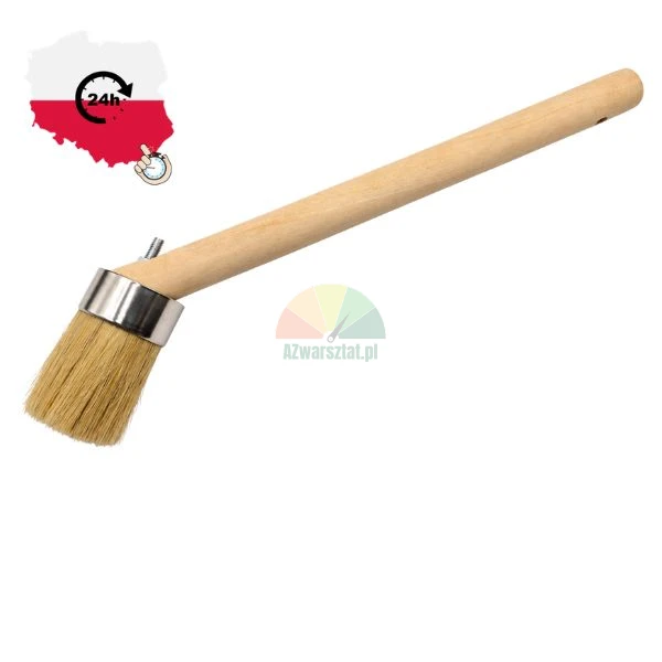 Angled round radiator paint brush with a long wooden handle and metal ferrule