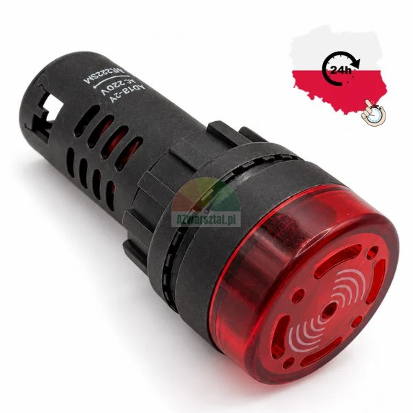 Red LED panel mount indicator light with buzzer 230V AD16-22SM on a white background