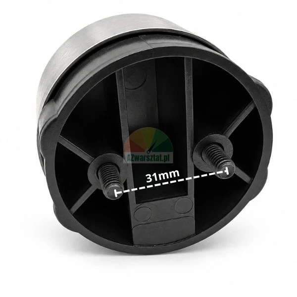 Underside of a black mounting element with metal trim and two threaded bolts with 31mm spacing indicated