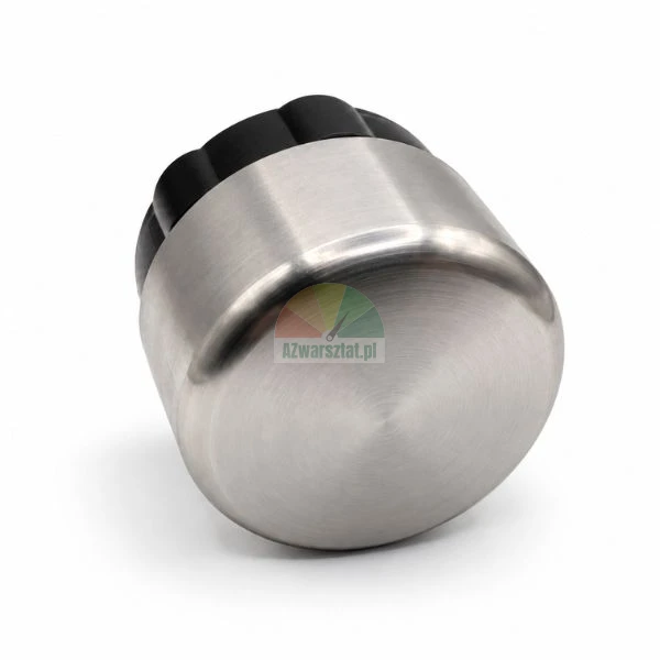 Stainless steel thermos cap or cup with black plastic base lying tilted on white background