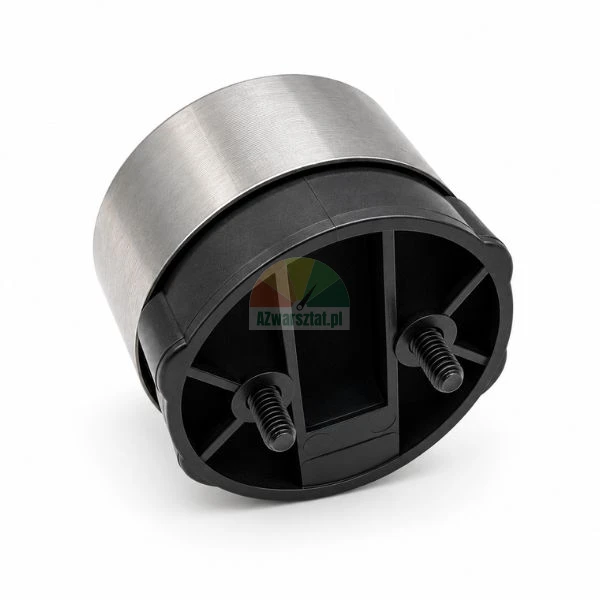 Round furniture foot made of brushed steel and black plastic with two mounting bolts on a white background.