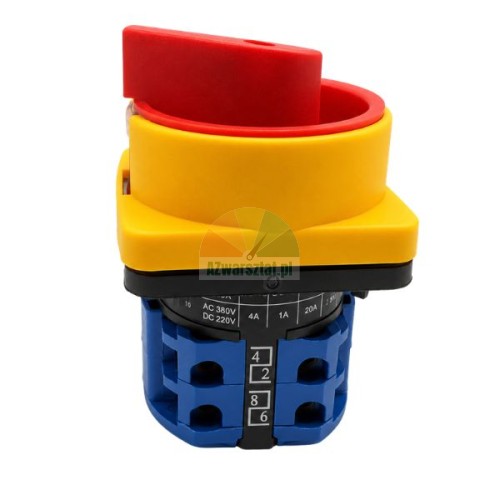 Main rotary switch 20A 49 mm x 49 mm with red knob and yellow collar on white background