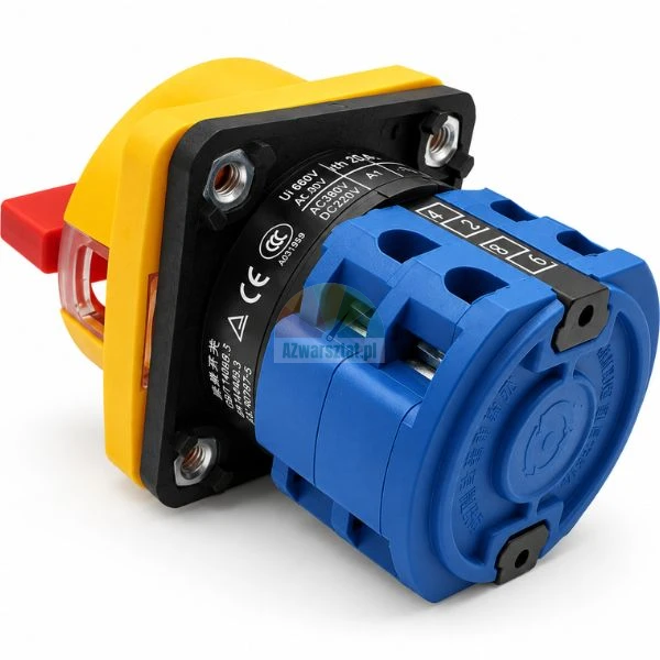 Industrial rotary cam switch with yellow and red handle and blue contact body