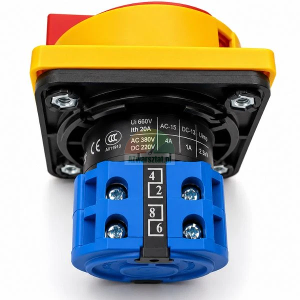 Rotary cam main switch with yellow and red knob, view of blue screw terminal block and electrical specifications.