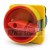 Red and yellow industrial rotary main switch with emergency handle on a white background