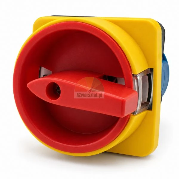 Red and yellow industrial rotary main switch with emergency handle on a white background