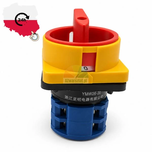 Rotary cam disconnector switch YMW26-20 with red and yellow emergency handle and blue base