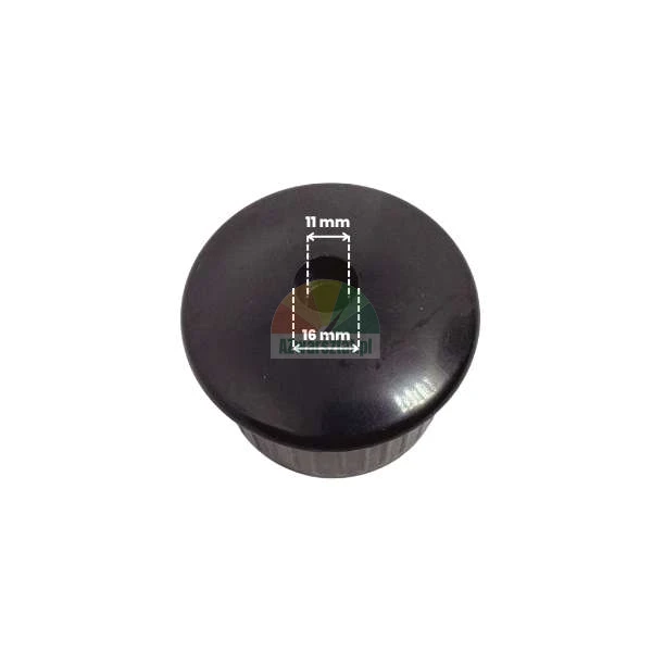 Black plastic knob with mounting hole dimensions 11 mm and 16 mm on a white background