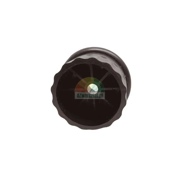 Black plastic ribbed end cap or roller shutter plug with internal ribs and a center hole on a white background
