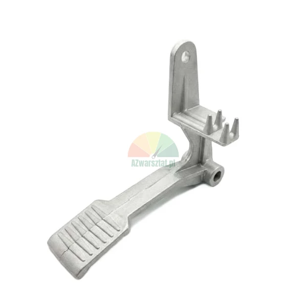 Metal foot pedal lever with ribbed surface and mounting bracket on a white background