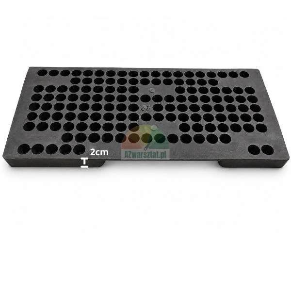 Black perforated rubber mat with round holes and 2 cm thickness indicator on white background