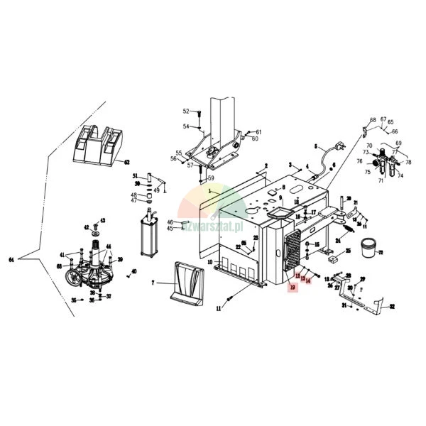 Exploded view technical diagram of a tire changer machine highlighting the vent grille cover part number 19 and mounting screws.