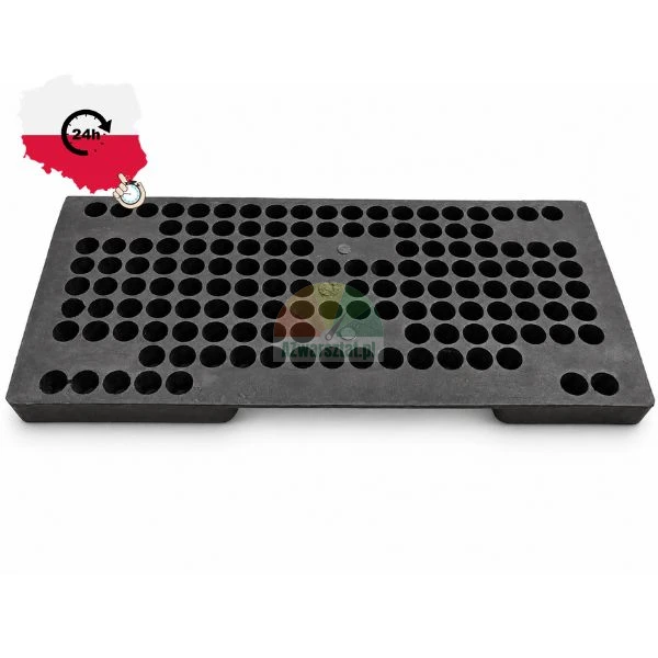 Black heavy duty recycled rubber base for temporary fencing with multiple holes on white background