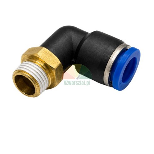 L-shaped pneumatic elbow fitting with 12.7 mm male thread and 8 mm push-in tube connector with blue release ring