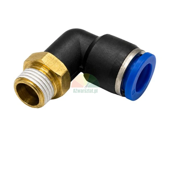 L-shaped pneumatic elbow fitting with 12.7 mm male thread and 8 mm push-in tube connector with blue release ring