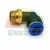 Pneumatic male elbow push-in fitting with brass thread and blue release ring on a white background