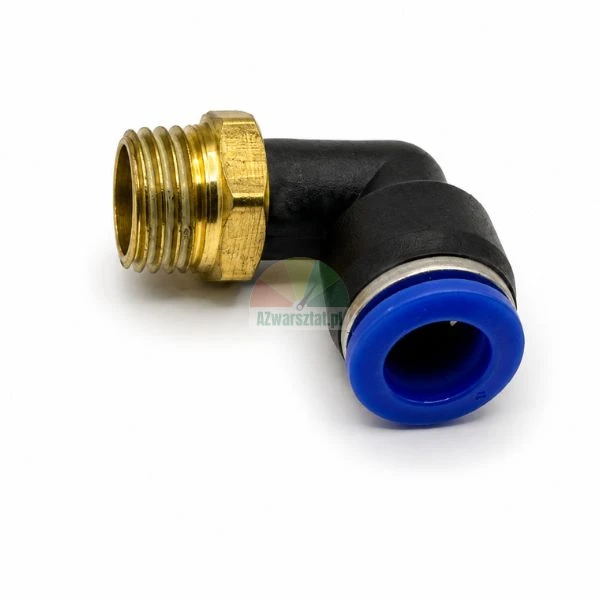 Pneumatic male elbow push-in fitting with brass thread and blue release ring on a white background
