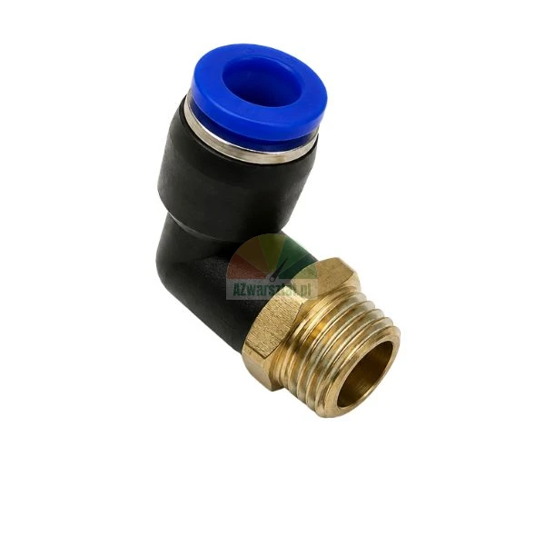 90-degree pneumatic push-in elbow fitting with brass male thread and blue release ring