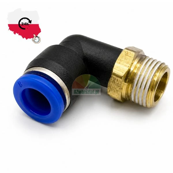 Pneumatic elbow push-in fitting 8 mm with male brass thread on white background