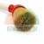 Close-up of a round washing brush head with natural bristles, red plastic collar and light handle