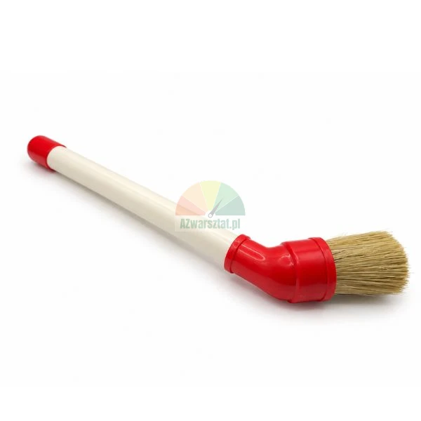 Angled tire mounting paste brush with white handle and red plastic elbow connector on white background