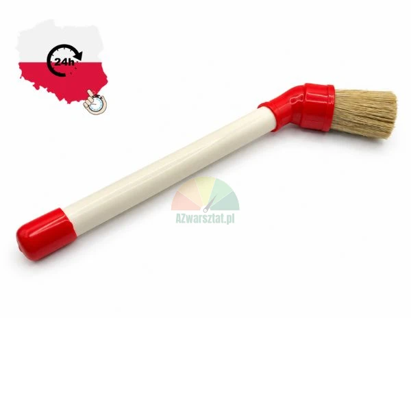 Angled parts washer brush with a long white handle and red connector