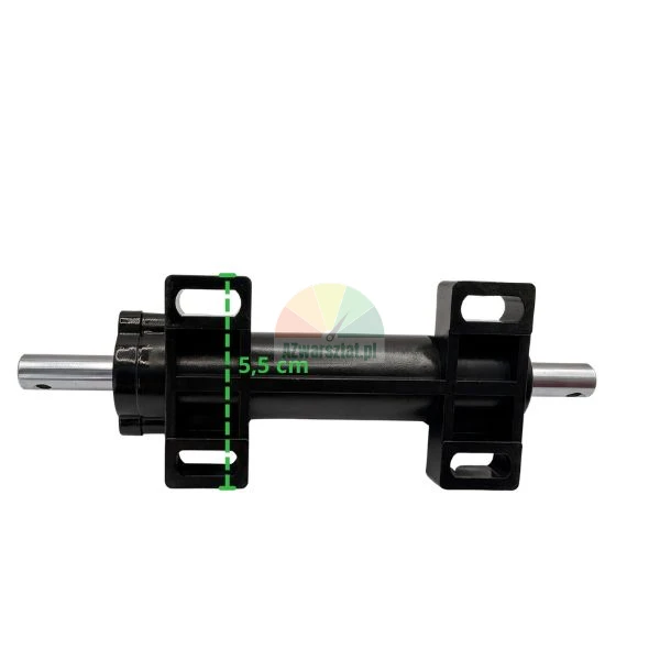 Black shaft housing with metal axle and mounting brackets with 5.5 cm hole spacing