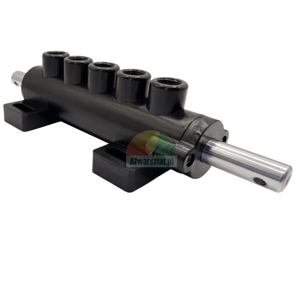 Black hydraulic cylinder with multiple port connections and an extended metal piston rod on a white background.