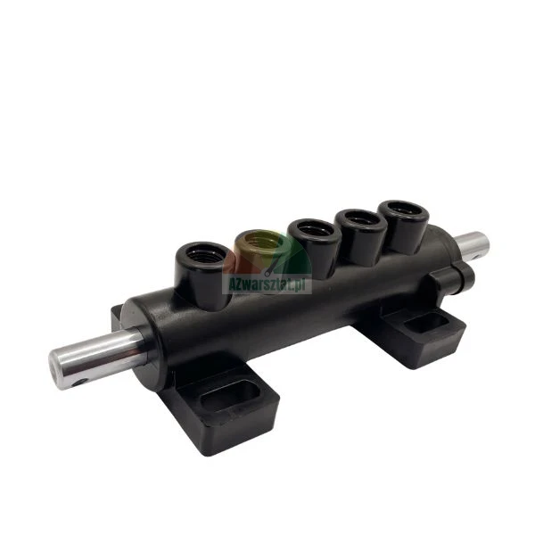Black hydraulic or pneumatic manifold with five threaded ports and metal shaft on a white background