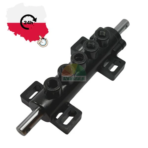 Black hydraulic control valve manifold with five threaded ports and metal shaft on white background