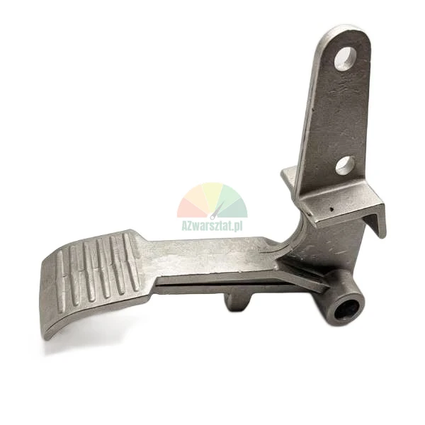 Metal foot pedal with ribbed surface, spare part for machinery or vehicle on white background