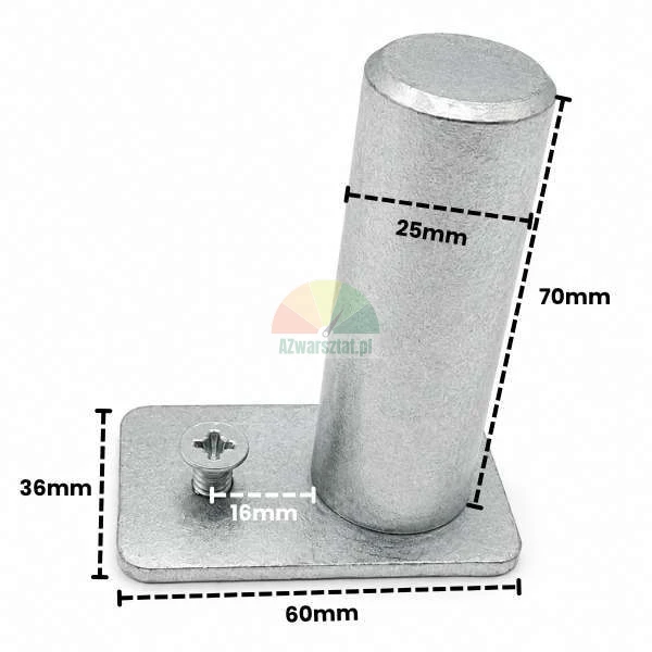 Metal mounting pin with a rectangular base measuring 60x36 mm and a 70 mm high cylinder of 25 mm diameter with mounting screw
