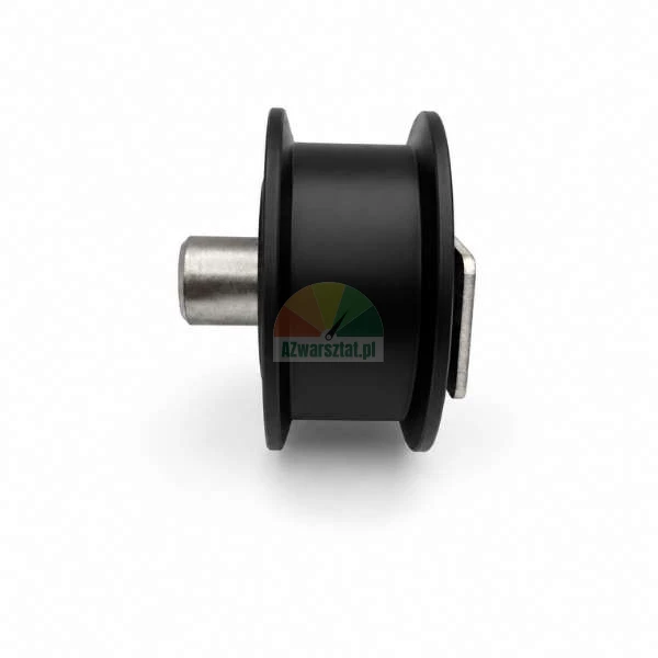 Side view of a black idler guide pulley roller with a metal mounting pin on a white background.