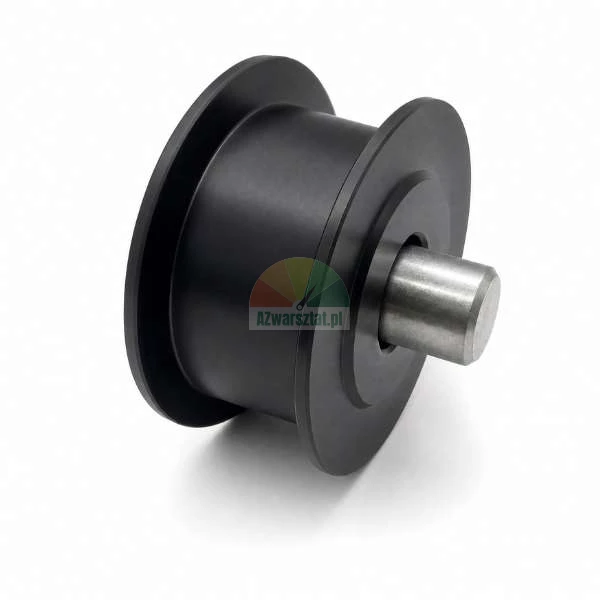 Black flanged guide roller with a metal shaft on a white background.