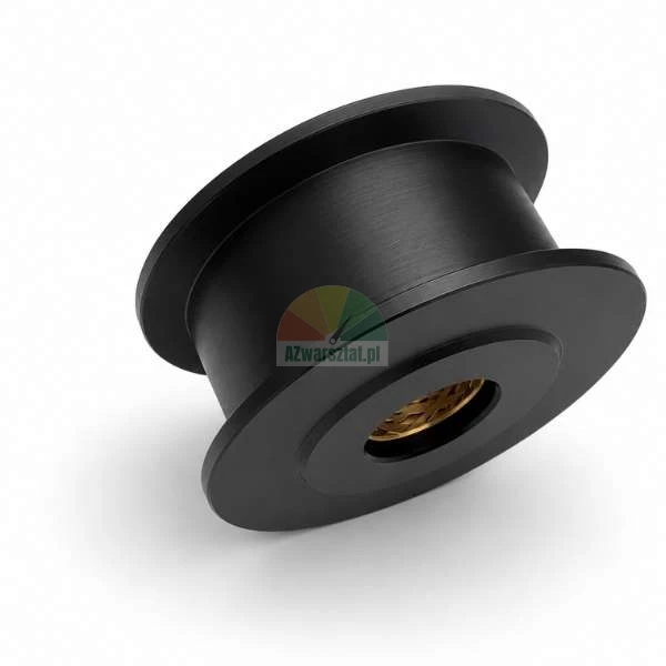 Black guide roller pulley with an inner bronze bushing on a white background.