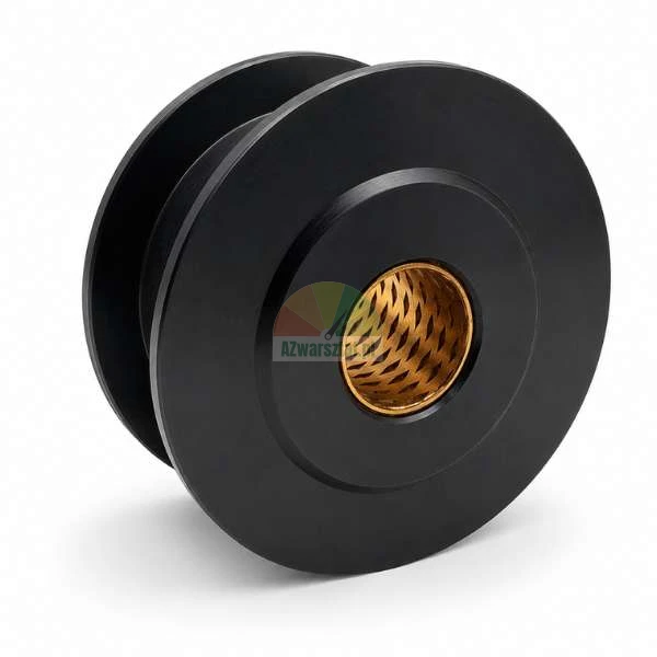 Black rope sheave pulley wheel with bronze bushing on white background