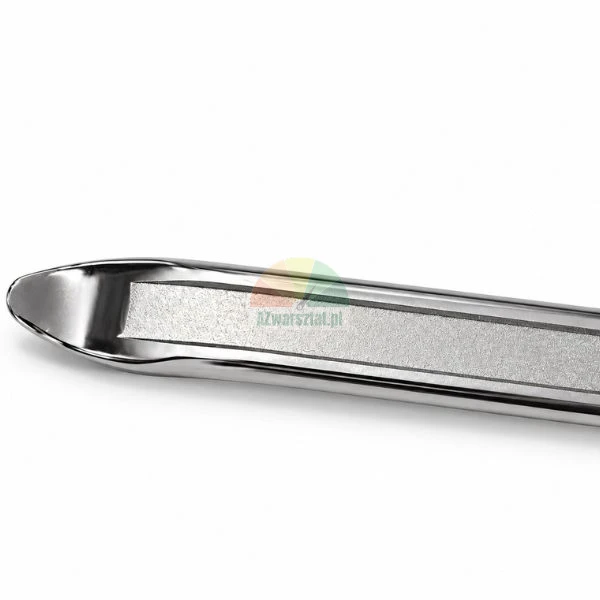 Close-up of the contoured handle of a stainless steel cosmetic tool with a matte textured strip
