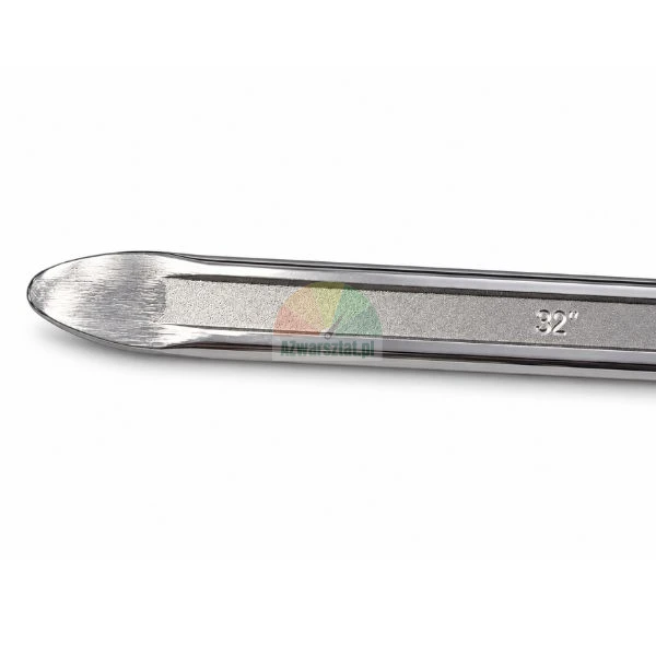 Close-up of the flat tip of a heavy-duty steel tire spoon pry bar with 32 inch size mark on white background