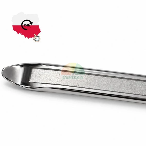 Close-up of the tip of a metal tire lever with a matte anti-slip strip on a white background.