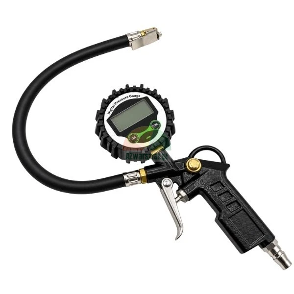 Digital tire inflator gun with pressure gauge and flexible hose