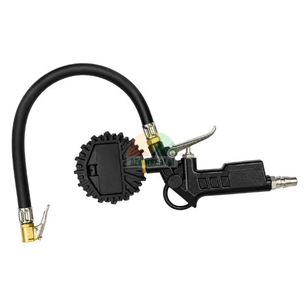 Tire inflator gun with pressure gauge and flexible hose on a white background.