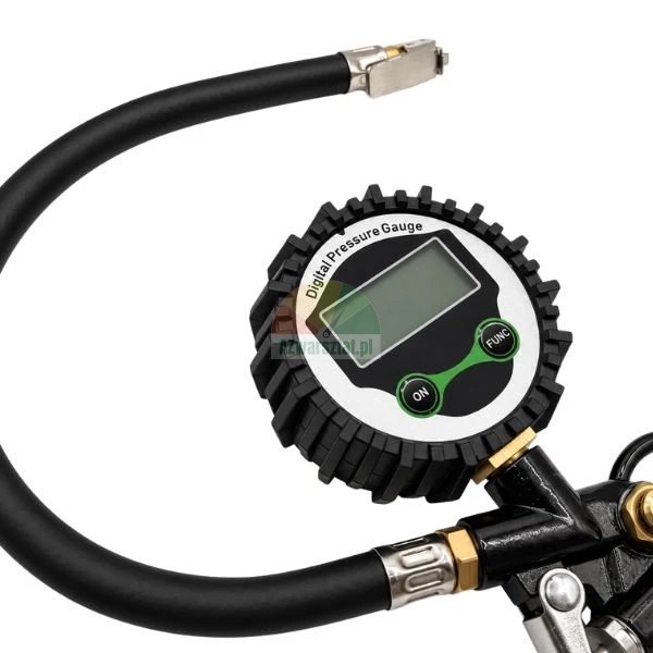 Digital tire inflator pressure gauge with LCD display and flexible hose on white background.