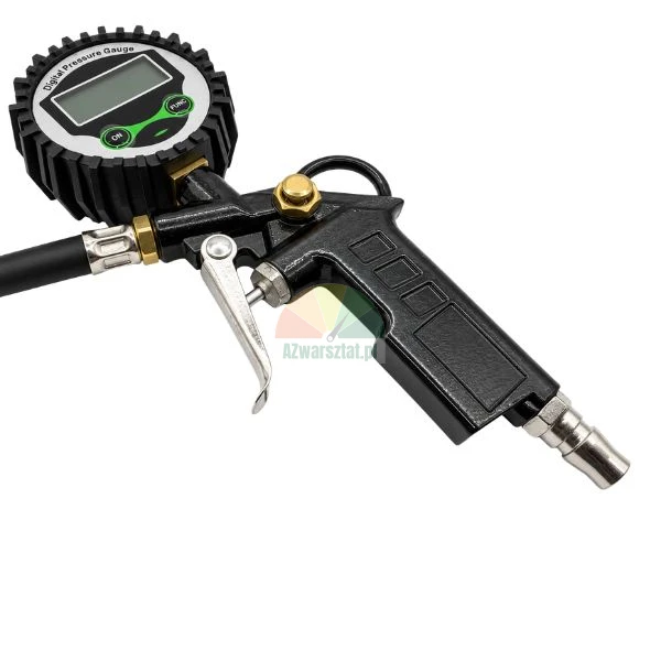 Digital tire inflator gun with LCD pressure gauge and rubber protection cover isolated on white background.
