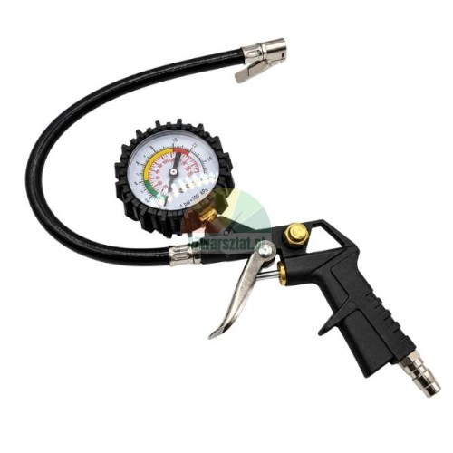 Tyre inflator gun with 0-16 bar pressure gauge and flexible hose